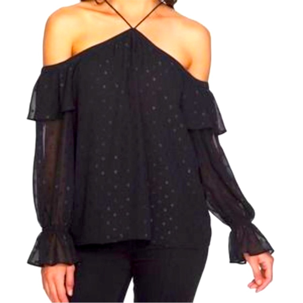 1. STATE black sparkle dot cold shoulder blouse